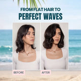 Before and after comparison of hair transformation with ocean background